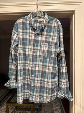 J Crew Teal, Navy & White Plaid Long-Sleeve Button-Down Shirt